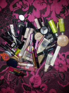 The contents of one of my make-up bags
